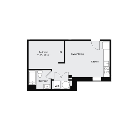 Floor plan for studio, 1 bath, 408 sqft